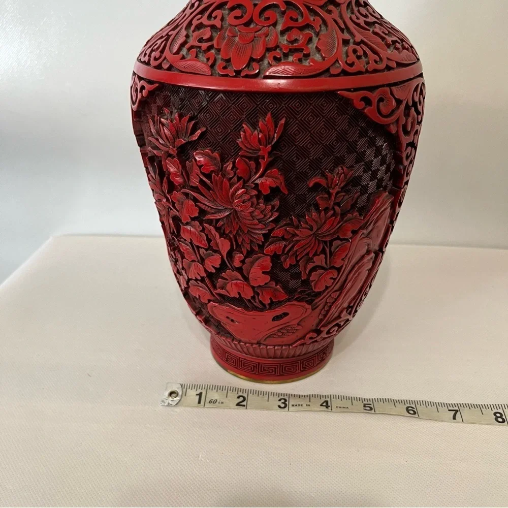Vintage Red Cinnabar Vase Brass
